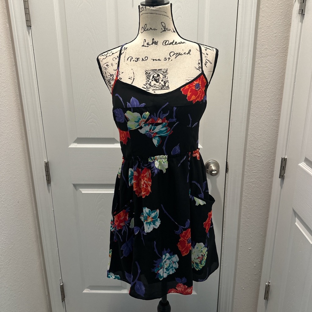 American Eagle Floral Spaghetti-Strap Sundress - Black with Multicolor Flowers